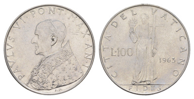 Ватикан 100 лир 1963 Павел VI KM 82 нержавеющая сталь 4595-133