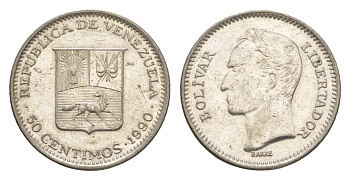 Венесуэла 50 сентимо 1990 Симон Боливар Y 41a сталь плакированная никелем 4584-632