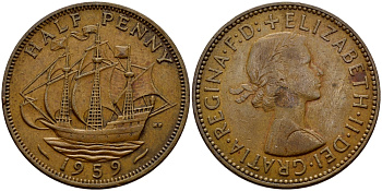 Великобритания 1/2 пенни 1959 Елизавета II (1952-2022) KM 896, Spink 4158 бронза 63-1325