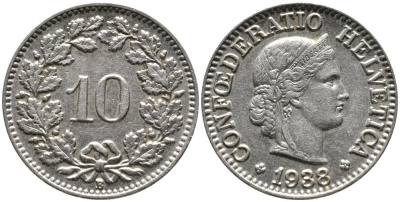 ШВЕЙЦАРИЯ 10 РАППЕНОВ 1938 В KM 27 медно-никель 4539-521