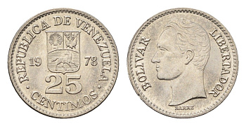 Венесуэла 25 сентимо 1978 Симон Боливар Y 50 никель UNC 4697-469