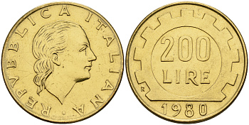 Италия 200 лир 1980 R, шестерня KM 105 алюминиевая бронза 4153-116