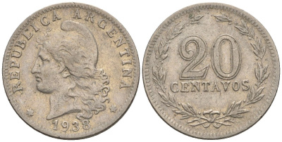 Аргентина 20 сентаво 1938 голова свободы влево KM 36, CJ 85, Schon 39 медно-никель    60-915