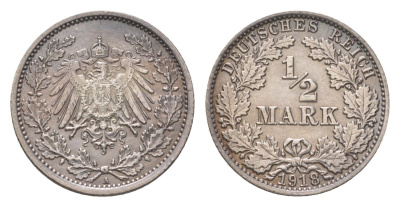 Германия 1/2 марки 1918 A, Вильгельм II (1888-1918) KM 17, J. 16 серебро UNC 4625-1044