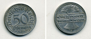 ГЕРМАНИЯ 50 ПФЕННИГОВ 1920 A KM 27, J. 301 алюминий 41-811
