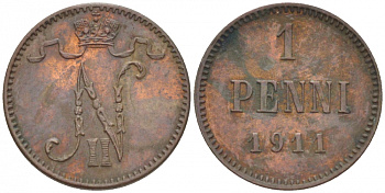 Россия для Финляндии 1 пенни 1911 Николай II (1894-1917) KM 13, Биткин 471 медь 4396-1344