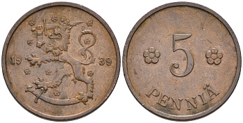 ФИНЛЯНДИЯ 5 ПЕННИ 1939 KM 22 медь 192-1255