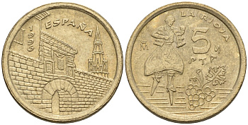 Испания 5 песет 1996 Хуан Карлос I (1975-2014), Риоха (La Rioja) KM 960 алюминиевая бронза 4602-1112