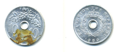 Греция 10 лепта 1969 Константин II (1964-1973), виноградная гроздь KM 78 алюминий 80-252