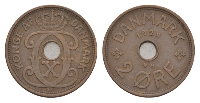 Дания 2 эре 1928 N, Кристиан X (1912-1947) KM 827 бронза 4658-213