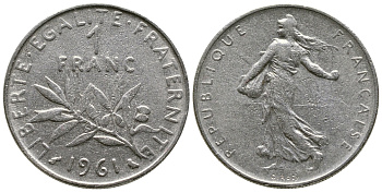 ФРАНЦИЯ 1 ФРАНК 1961 СЕЯТЕЛЬ KM 925.1 никель 93-1437