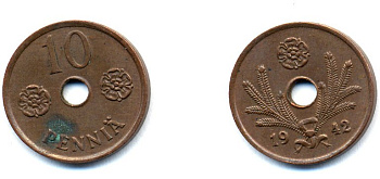 ФИНЛЯНДИЯ 10 ПЕННИ 1942 KM 33.1 медь 51-4958