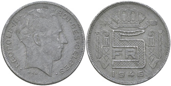 Бельгия 5 франков 1946 BELGES KM 129 цинк 4142-1027