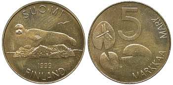 ФИНЛЯНДИЯ 5 МАРОК 1999 M, МОРЖ KM 73 медь алюминий никель UNC 3334-832