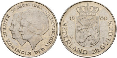 Нидерланды 2 1/2 гульдена 1980 коронация Беатрикс, 30 апреля 1980 KM 201 никель 4168-513