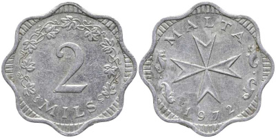 МАЛЬТА 2 МИЛСА 1972 МАЛЬТИЙСКИЙ КРЕСТ KM 5 алюминий 112-764