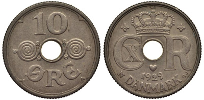 ДАНИЯ 10 ЭРЕ 1929 N; GJ, КРИСТИАН X (1912-1947) KM 822.2 медно-никель 4549-863