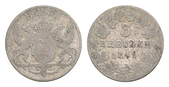 Баден 3 крейцера 1841 Леопольд (1830-1852) KM 211 серебро 4639-1159