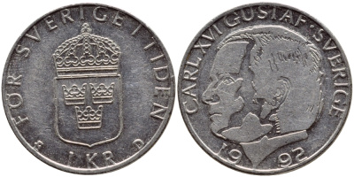 Швеция 1 крона 1992 Карл XVI Густав (1973- ) KM 852a медно-никель 4384-1255