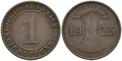 Германия 1 рейхспфенниг 1925 J KM 37, J. 313 бронза 4516-562
