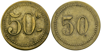 Франция 50 сантимов XIX-XX век ресторанный жетон латунь 4166-1312