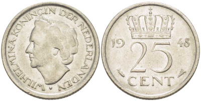 НИДЕРЛАНДЫ 25 ЦЕНТОВ 1948 ВИЛЬГЕЛЬМИНА (1890-1948) KM 177 никель 211-627