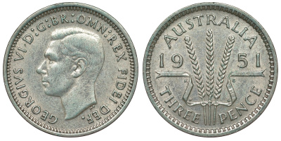 Австралия 3 пенса 1951 m, Георг VI (1937-1952), без букв KM 44 серебро 71-333