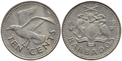 Барбадос 10 центов 1979 смеющаяся (Ацтекская) чайка KM 12 медно-никель 4396-1218