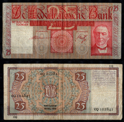Нидерланды 25 гульденов 1938 Pick 50 (2) бумага 8592-5-4-1