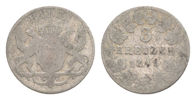 Баден 3 крейцера 1841 Леопольд (1830-1852) KM 211 серебро 4639-1159