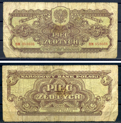 Польша 5 злотых 1944 Pick 109 a бумага 8621-31-3-2