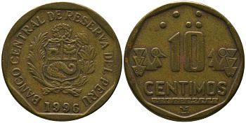 Перу 10 сентимо 1996 LIMA KM 305.1, Schon 104 латунь 4543-635