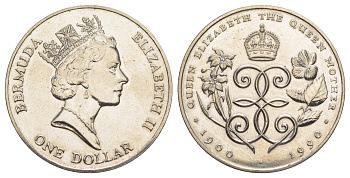 Бермудские острова (Бермуды) 1 доллар 1990 90 лет со дня рождения Королевы-Матери, тираж 5.000 экземпляров KM 67 медно-никель BU 01-233-42