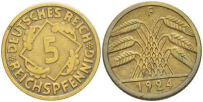 ГЕРМАНИЯ 5 РЕЙХСПФЕННИГОВ 1924 F KM 39, J. 316, Weege 7 алюминиевая бронза 206-766