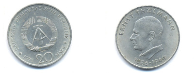 ГДР 20 марок 1971 A, 85 лет со дня рождения Эрнста Тельмана KM 34, J. 1535 медно-никель 3333-626