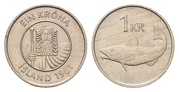 Исландия 1 крона 1981 треска KM 27 медно-никель 4691-531
