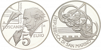 Сан-Марино 5 евро 2007 дирижер Артуро Тосканини, в оригинальной коробке, с сертификатом KM 474 серебро PROOF 4-5-1-16