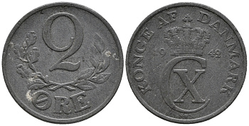 ДАНИЯ 2 ЭРЕ 1942 N; S, КРИСТИАН X (1912-1947) KM 833a цинк 67-152