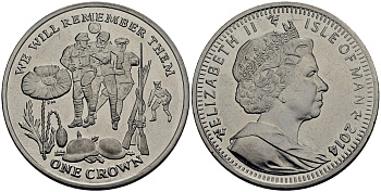 Остров Мэн 1 крона 2014 в память героев первой мировой войны, игра в футбол KM NEW медно-никель UNC 4386-831