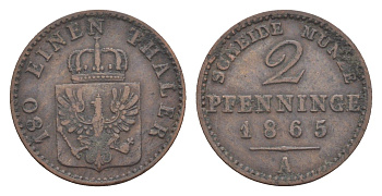 Пруссия 2 пфеннига 1865 A, Вильгельм I (1861-1888) KM 481, Jaeger 51, AKS 107, Olding 425 медь 4651-238