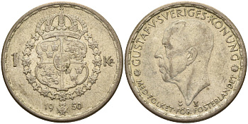 Швеция 1 крона 1950 TS, Густав VI Адольф (1950-1973) KM 814 серебро 4148-1125