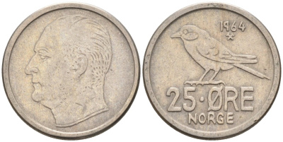 Норвегия 25 эре 1964 Улаф V (1958-1991), синица KM 407 медно-никель 4580-1033