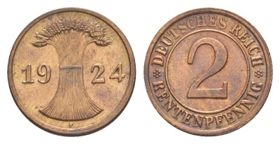 Германия 2 рентенпфеннига 1924 F KM 31, J.307, Weege 3 медь 4639-1237
