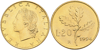 Италия 20 лир 1994 R, дубовый лист KM 97.2 алюминиевая бронза  UNC  4594-918