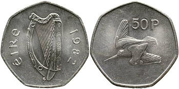 ИРЛАНДИЯ 50 ПЕНСОВ 1982 ВАЛЬДШНЕП KM 24 медно-никель 4531-745