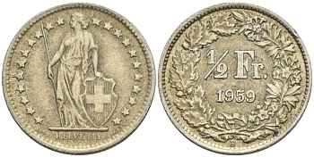 Швейцария 1/2 франка 1959 B KM 23 серебро 4608-519