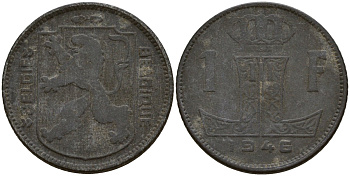 Бельгия 1 франк 1946 Belgie - Belgique, Леопольд III (1934-1947), германская оккупация, Вторая мировая война KM 128 цинк 4161-611