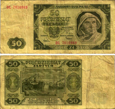 ПОЛЬША 50 ЗЛОТЫХ 1948 1 ИЮЛЯ 1948, НАРОДНАЯ РЕСПУБЛИКА Pick 138 бумага F-VF 7487-41-1