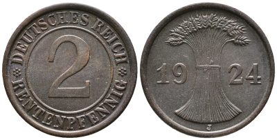 ГЕРМАНИЯ 2 РЕНТЕНПФЕННИГА 1924 J KM 31, J. 307 бронза 24-554