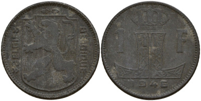 Бельгия 1 франк 1946 Belgie - Belgique, Леопольд III (1934-1947), германская оккупация, Вторая мировая война KM 128 цинк 4161-611